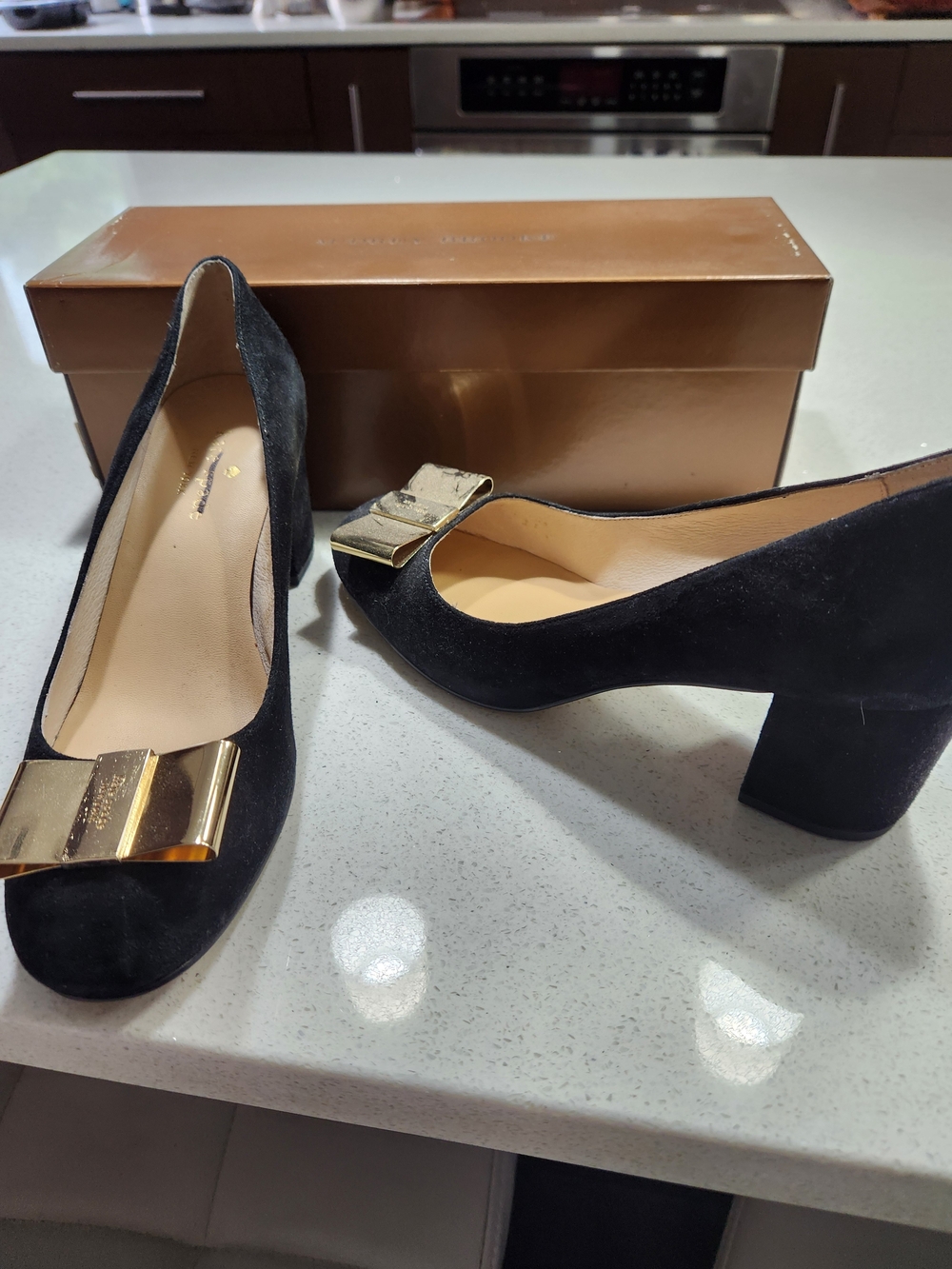 kate spade Black Suede Block Heel Pumps with Gold Bow Accent